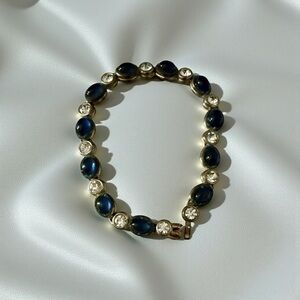 Vintage Cabochon Gold Plated Sapphire Colored  Crystals Tennis Bracelet
